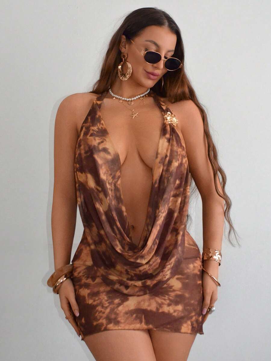 Swim SXY Women's Random Tie-Dye Print Kaftan Dress With Draped Collar, Waist Tie, And Ruffle Hem, Sexy Casual Beach Party Dress - Multicolor - View 1