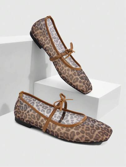 CUCCOO SZL Brown Flat Square Toe Mesh Leopard Print Ballet Shoes, Comfortable Versatile Hollow-Out Mary Jane Shoes For Women