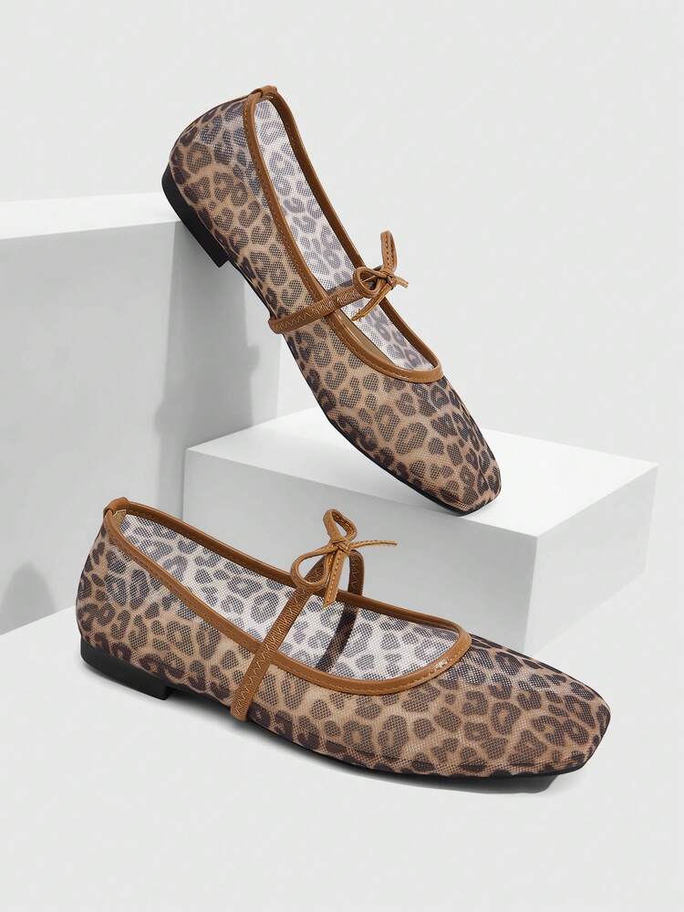 CUCCOO SZL Brown Flat Square Toe Mesh Leopard Print Ballet Shoes, Comfortable Versatile Hollow-Out Mary Jane Shoes For Women