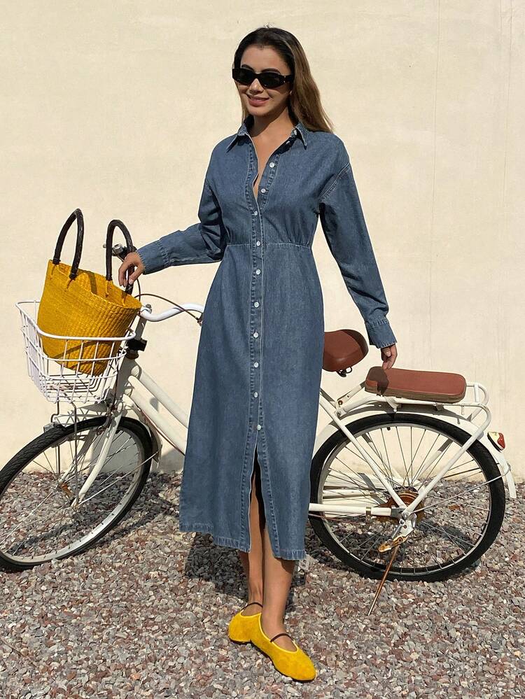 Women's Turndown Collar Waist Cinched Long Open Front Casual Denim Dress Maxi Dress Vacation Outfits Women