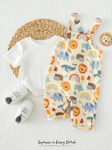 Cozy Pixies Baby Boy Floral Graphic Bib Jumpsuit Casual Versatile Set - Multicolor - View 4