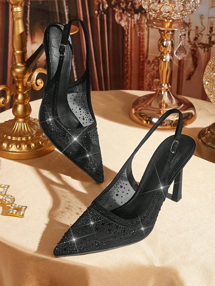 CUCCOO TILAWA Women's Pointed Toe High Heel Shoes, Rhinestone Decor Mesh Fabric, Fashion Comfortable For Daily, Party, Banquet, Slip-On Buckle Strap Backless Pumps