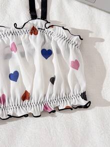 1pc Ribbed Heart Print Ruffle Trim Ladies' Wireless Bra - Multicolor - View 4