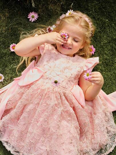 Glamorique Kids Young Girls Elegant Bowknot Floral Print Ruffle Hem Party Dress