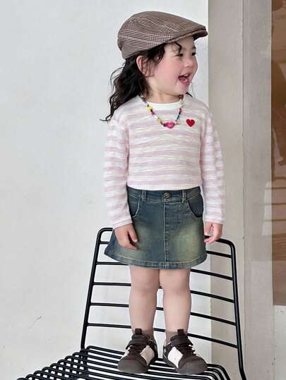 DAZY Toddler Girls' Lightweight Contrast Color Heart Striped Long Sleeve Top, Spring/Summer Korean Style