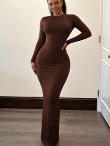 INAWLY Gaun Maxi Wanita Warna Polos Lengan Panjang Pas Badan Elegan Cokelat untuk Musim Gugur, Musim Semi dan Musim Panas - Kopi - View 4