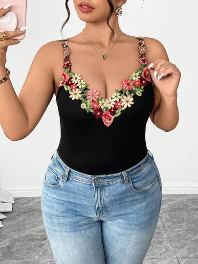 Elenzga Plus Size Soft Knit Fabric Collar Patchwork Multi-Color Embroidered Floral Lace Shoulder Decor Loose Straight Camisole Casual Outdoor Elegant Vacation Camisole And Tank Top