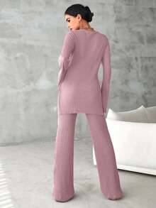 SHEIN Cottnline 2件套女士纯色罗纹长袖上衣和裤子休闲套装 - 淺粉色 - 查看 2