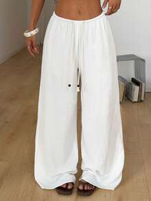 Coolane Women's Spring/Summer Streetwear Chic Casual Boho Vacation Beach Outfits Minimalist Basic Low Rise Comfortable White Straight Pants - White - View 5