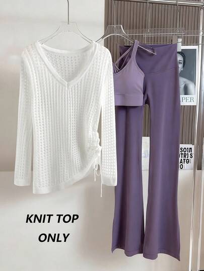 GlowEve Suéter de punto semitransparente con cuello en V, cordón, fruncido y retorcido, de estilo casual y sexy para vacaciones, de unicolor, para primavera/otoño