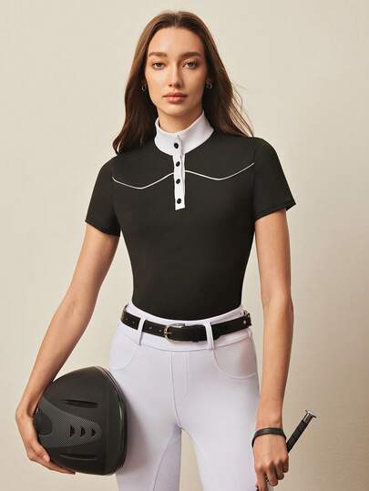 With My Calm Women's Fitted Equestrian Polo Shirt, Black & White, Suitable For Sports, Outdoor Exercise, And Horseback Riding