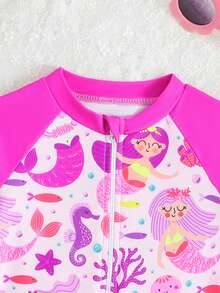 Sparklyn Baby Girls BeachwearBaby Girl Front Zipper Opening Mermaid Underwater World Cute Cartoon Print Contrasting Color Sun Protection Long Sleeved One-Piece One-Piece One-Piece Four Cornered Swimsuit Fashionable, Casual, Cute, Exquisite, Gorgeous, Ladies Suitable For Swimming, Suitable For Summer Vacation, Beach, Beach, Swimming Pool, Summer Party, Leisure Vacation Toddler Beach Wear Baby Girl Rash Guard Swimsuit Full Coverage Toddler Bathing Suit Long Sleeve Toddler Swimsuit Toddler Girl Rash Guard Full Coverage Toddler Bathing Suits - Hot Pink - View 4