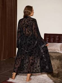 Slumberist Delicate Mesh Flocked Collar Nightgown And Plus Size Robe Set - Black - View 4