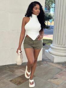 Alexandranx 休闲高领无袖不对称下摆修身针织背心 - 白色 - 查看 3