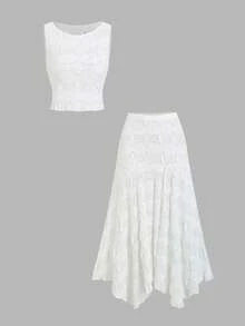 Sweetra Women's New Spring/Summer Suitable For Commuting, Travel, Daily, Vacation, Solid White Textured Fabric Minimalist Camisole And Mini Skirt Set - White - View 1