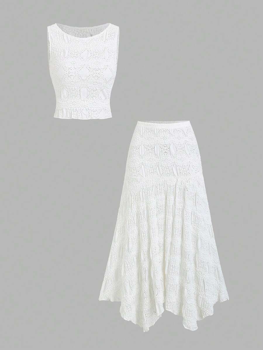 Sweetra Women's New Spring/Summer Suitable For Commuting, Travel, Daily, Vacation, Solid White Textured Fabric Minimalist Camisole And Mini Skirt Set - White - View 1