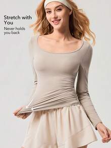 OutZeal Women Sports Tee Daily Casual Quick Drying Stretch Long Sleeve Square Collar Slim Tops - Apricot - View 3