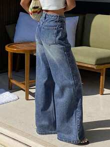 DAZY Quần jeans ống loe nữ cạp thường đính đá, kiểu dáng gợi cảm thường ngày. - Rửa trung bình - Xem 3