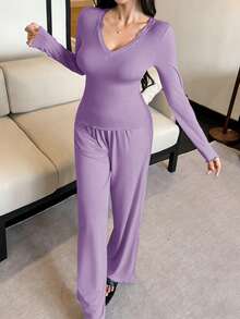 DAZY 2pcs/Set Women Solid Color Comfortable Knit Long Sleeve Top And Loose Straight Leg Long Pants Pajama Set, Spring - Mauve Purple - View 5