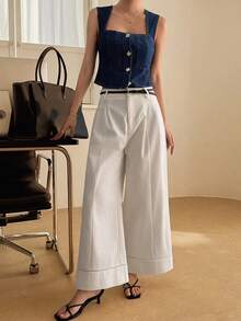 DAZY 女士无袖短款牛仔背心，休闲度假风 - 深色水洗藍 - 查看 3