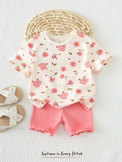 Cozy Pixies 女婴碎花针织柔软圆领短袖上衣和纯色弹力腰裤两件套