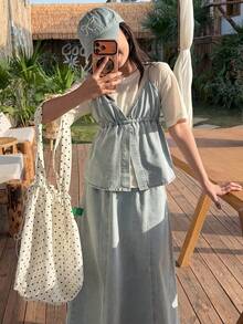 Dazy Kids Tween Girls Denim Cami Top & Skirt Snug Fit Long Dress Denim Set - Light Wash - View 4