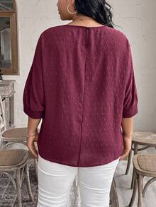 Breezaya Áo sơ mi cỡ lớn cổ tròn thanh lịch, chất liệu vải dệt jacquard chắp vá, dáng rộng, có họa tiết. - Màu Đỏ Sâu - Xem 2