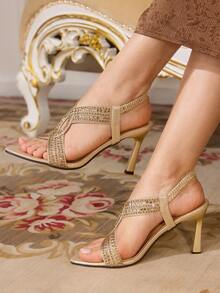 CUCCOO TILAWA Sandales à talons hauts pour femmes, nouvelle mode printemps/été en tissu brodé, sandales à talons stilettos élégantes et luxueuses avec strass dorés et bout pointu - Doré - Voir 2