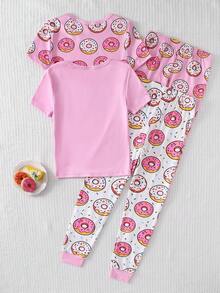 4pcs Girls Cute Donut & Ice Cream Print Snug Fit Short Sleeve Pajama Set - Multicolor - View 2