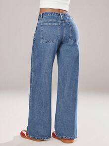 SHEIN ICON Women's Pocket Button Casual Versatile Daily Wear Wide Leg Jeans - Medium Wash - View 2