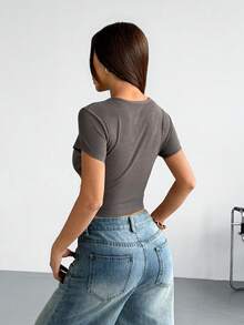valorelle valorelle Maglietta casual da strada, sexy, retrò in stile Y2K, con elementi di strass, a collo rotondo, a maniche corte, aderente e corta - Grigio - Visualizzare 2