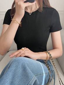 FRIFUL Áo thun nữ cổ tròn ôm sát, chất liệu vải gân, dáng slim fit, thích hợp cho mùa hè. - màu đen - Xem 5