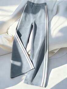 Franclia Women's Fashion Casual Elegant Suede-Like Brown Contrast Trim Wide Leg Pants, Autumn/Winter - Baby Blue - View 2