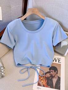 Franclia Matching Short Round Neck Raglan Sleeve Top + Straight Leg Pants With Slant Pockets - Blue - View 3