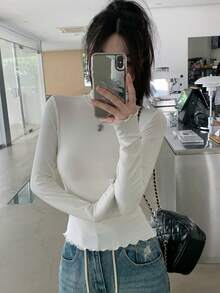 DAZY Áo thun cổ lọ tay dài dáng ôm màu trơn mới cho nữ mùa thu - trắng - Xem 5