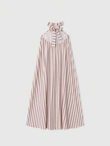 Lumivelle Women's New Sleeveless Striped Linen Printed Long Dress, Casual Vacation Wear, Spring/Summer - Khaki - View 8