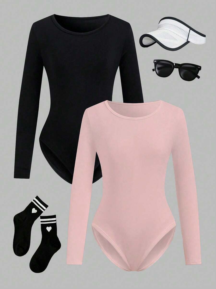 SHEIN 2件装女童纯色圆领舞蹈体操服,弹力修身长袖舞蹈连体衣,春夏款 - 彩色 - 查看 1