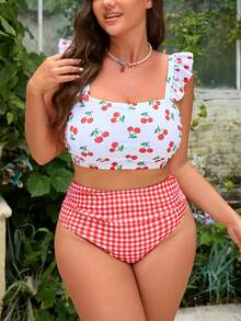 Swim Mod 两件套加大码女装樱桃随机印花装饰荷叶边下摆上衣和格子高腰短裤，可爱甜美度假休闲日常装 - 彩色 - 查看 3
