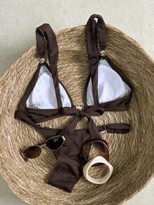 Oceva Conjunto de traje de baño de 3 piezas con tela texturizada y decoración metálica básica, adecuado para fiestas en la playa y vacaciones - Marrón - Ver 5