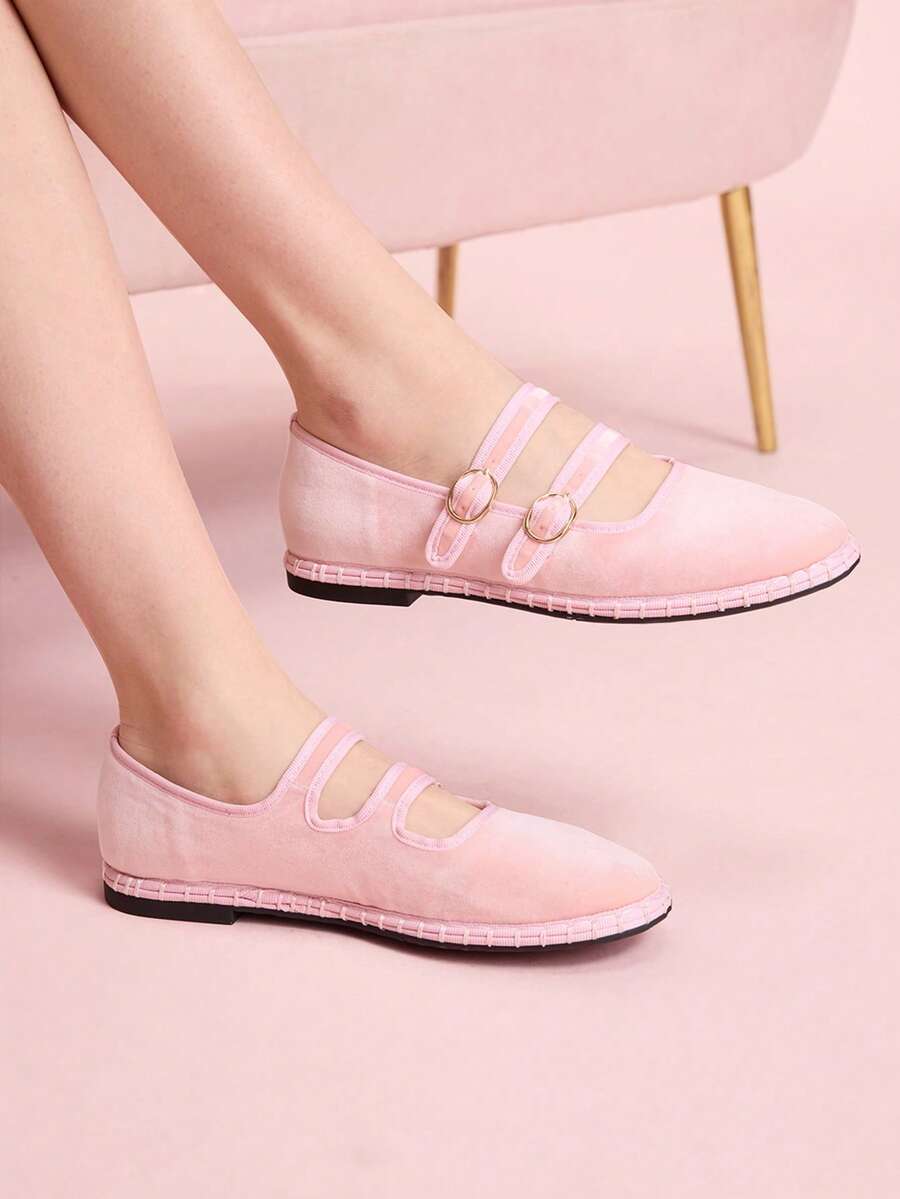 CUCCOO DOLLMOD 女士经典浅粉色双条纹丝绒平底鞋 - 粉色 - 查看 1