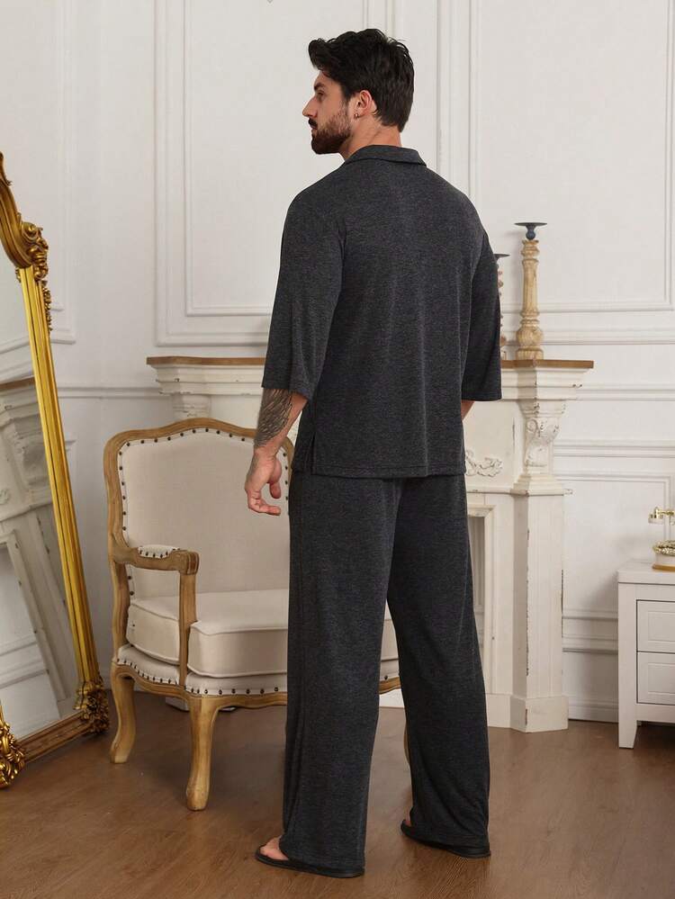 Light Grey Short Sleeve Shirt And Pants Men's Loungewear Set, Spring/Summer
