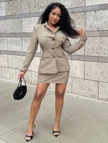 Alexandranx Women Front Button Long Sleeve Lapel Neck Blouse & Knee Length Skirt Suit In Fall/Winter Brown Summer Elegant - Brown - View 3