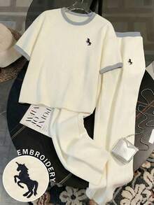 Resyla 2pcs Women Centaur Embroidered Crew Neck Short Sleeve T-Shirt & Wide Leg Pants Set - Multicolor - View 3