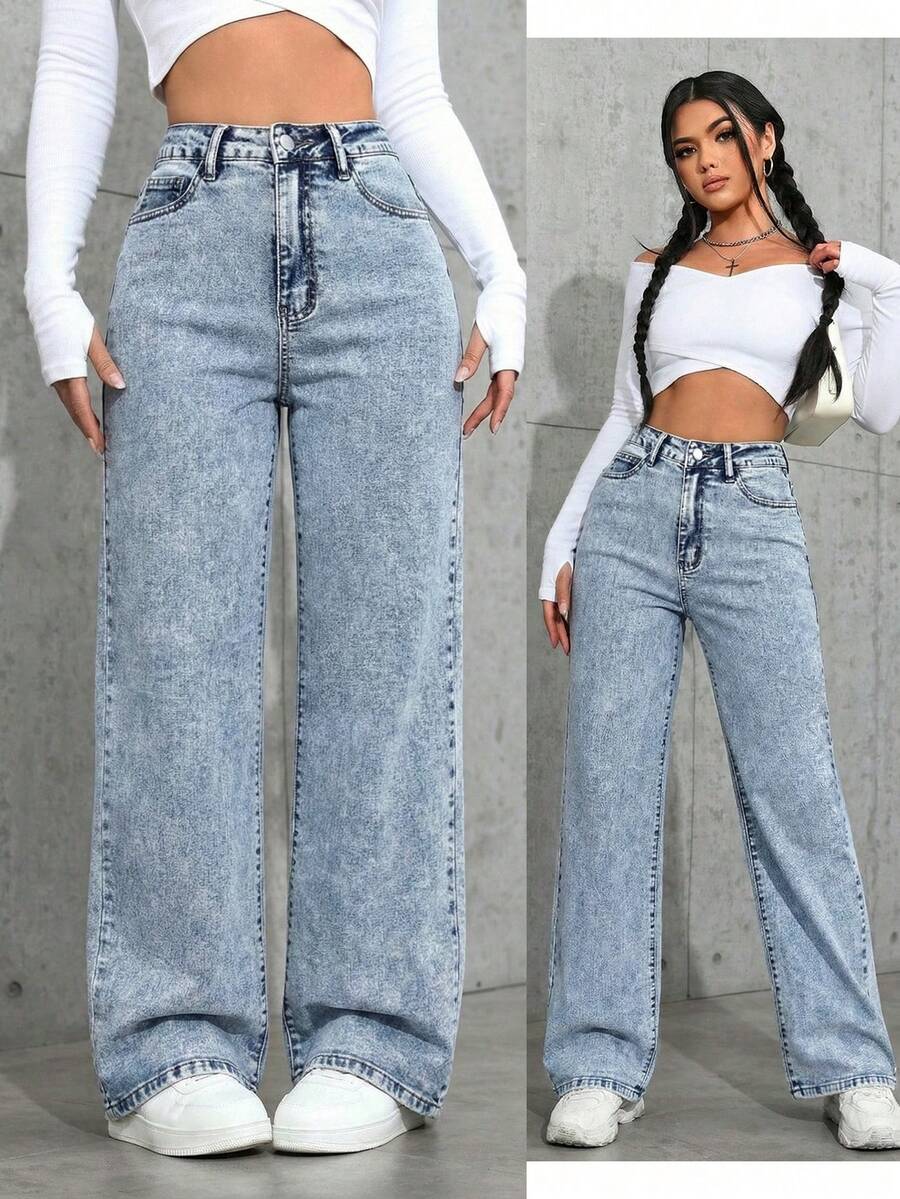 SHEIN ICON 女士休闲百搭日常口袋纽扣喇叭裤 - 淺色水洗藍 - 查看 1