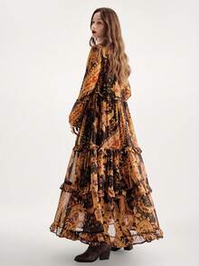 Frievida Bohemian Style Chiffon Flowy Dress, Frill Trim, Loose Fit Deep V-Neck Long Sleeve - Multicolor - View 3