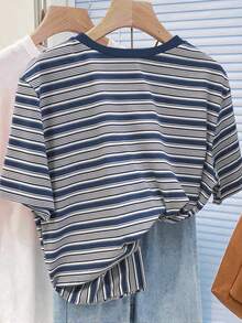 SHEIN Maglietta a maniche corte a righe colorate vintage per donna, top casual a girocollo per l'estate - Multicolore - Visualizzare 2