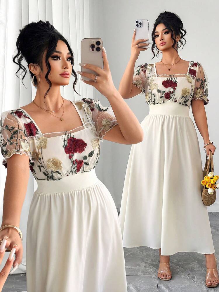 Elenzga Vestido de manga abullonada con cuello cuadrado, cintura ceñida y bordado floral elegante y romántico en malla para mujer de talla grande, para primavera/verano - Blanco - Añade 6