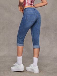 Jeanoix Y2K Women's Fashion Casual Versatile Fold-Over 7/8 Stretch Skinny Jeans - Dark Wash - View 2