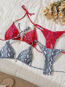 Swim Vcay Women Summer Snake Skin Print Pendant Neck Tie Bikini Swimsuit Sets, Beach Vacation Outfits - Multicolor - View 1