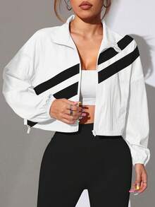 SHEIN Dewbera Color Block Full Zip Drawstring Hem Sports Jacket, Suitable For Spring And Autumn - White - View 3